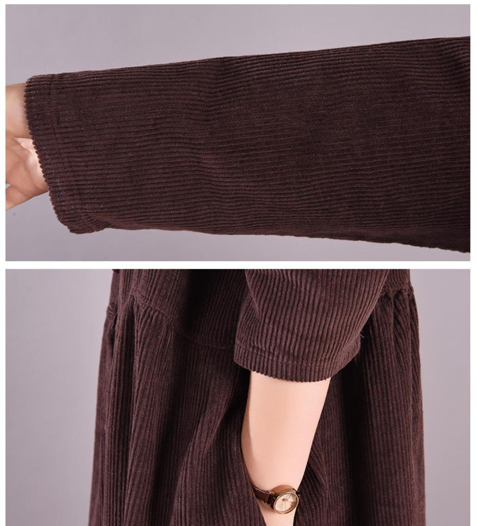 2025 Spring/Autumn Retro Corduroy Loose Long Sleeve Solid Color Dress