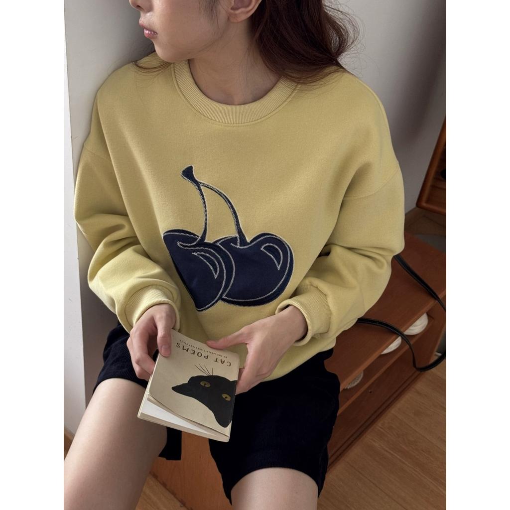 Dimanaf New 2025 Women Embroidery Fruit Hoodies & Sweatshirts Print Full Sleeve Autumn Basic Tops T-Shirt New Pullover