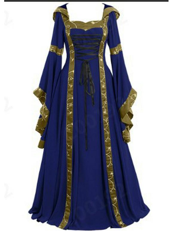 Medieval Square Neck Hooded Dress with Lace-up and Bell Sleeves Small темно-синий