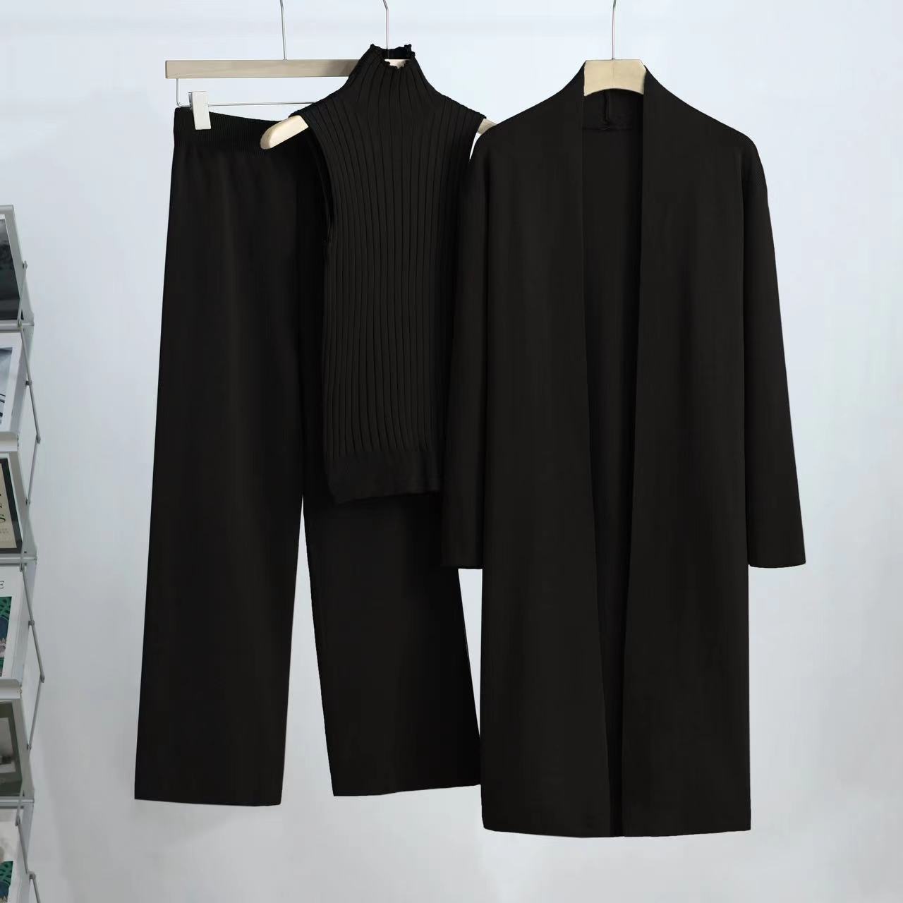 

Зимний женский вязаный свитер, брюки-тройка, свободная блузка, рубашка, свитер и широкие брюки с высокой талией, винтажный повседневный комплект из трех предметов One size