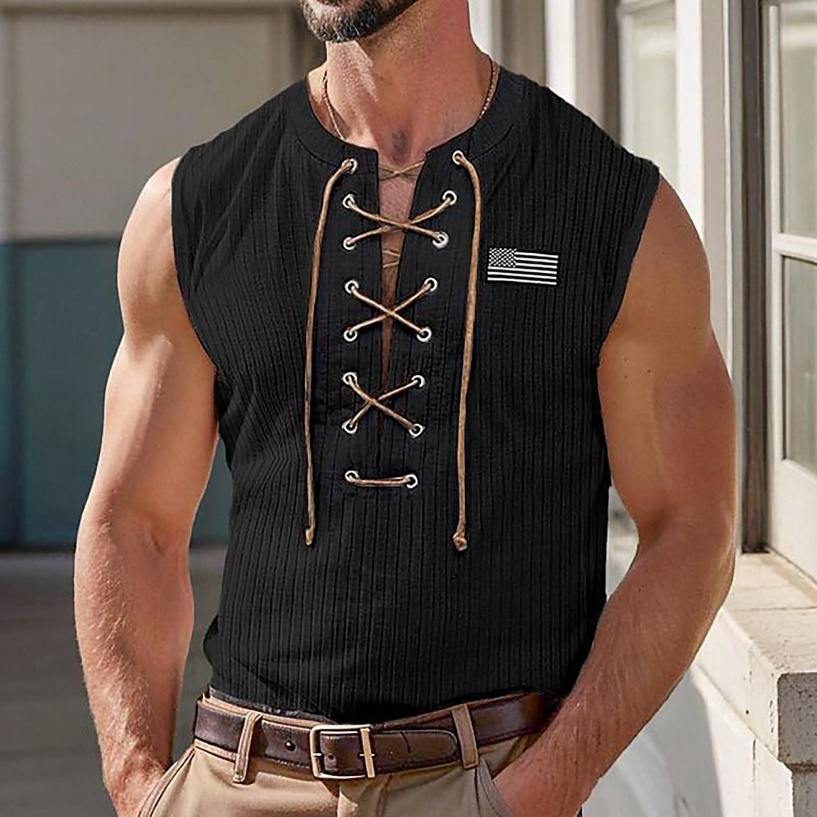 

Мужская футболка в стиле ретро с V-образным вырезом, шнуровкой, вышивкой, с короткими рукавами M чёрный