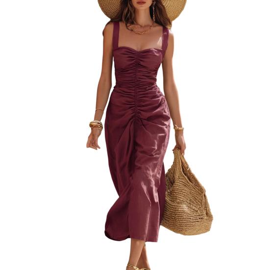 Summer Women Long Dress Solid Color Wide Straps Pleated Midi Dress Breathable Casual Sleeveless Slim Fit Above Ankle Length Dress