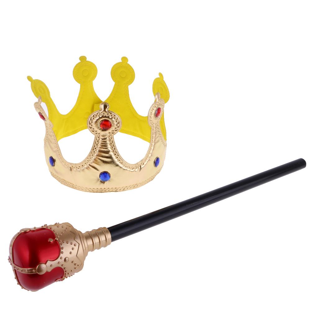 Kids Fancy Dress Royal Crown Set Plastic King Queen Scepter for Storybook Parade Cosplay