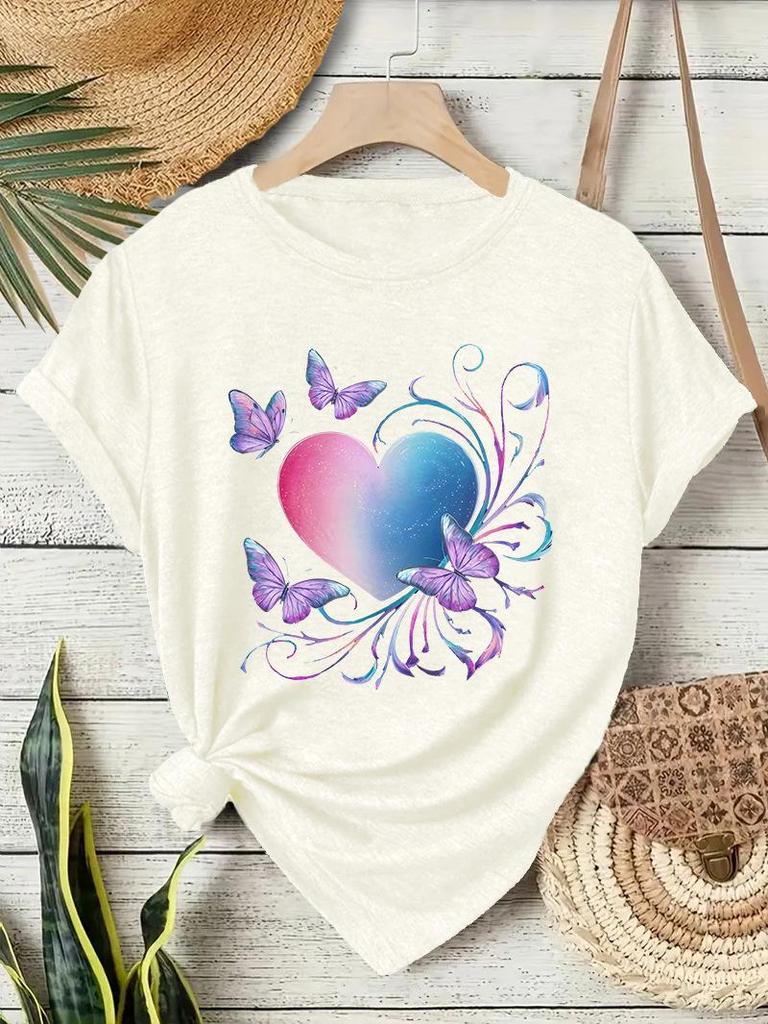 Europäisches & Amerikanisches Rundhals-T-Shirt mit Schmetterlings-Herz-Print für Damen - Sommer Lockeres Kurzarm-Oberteil