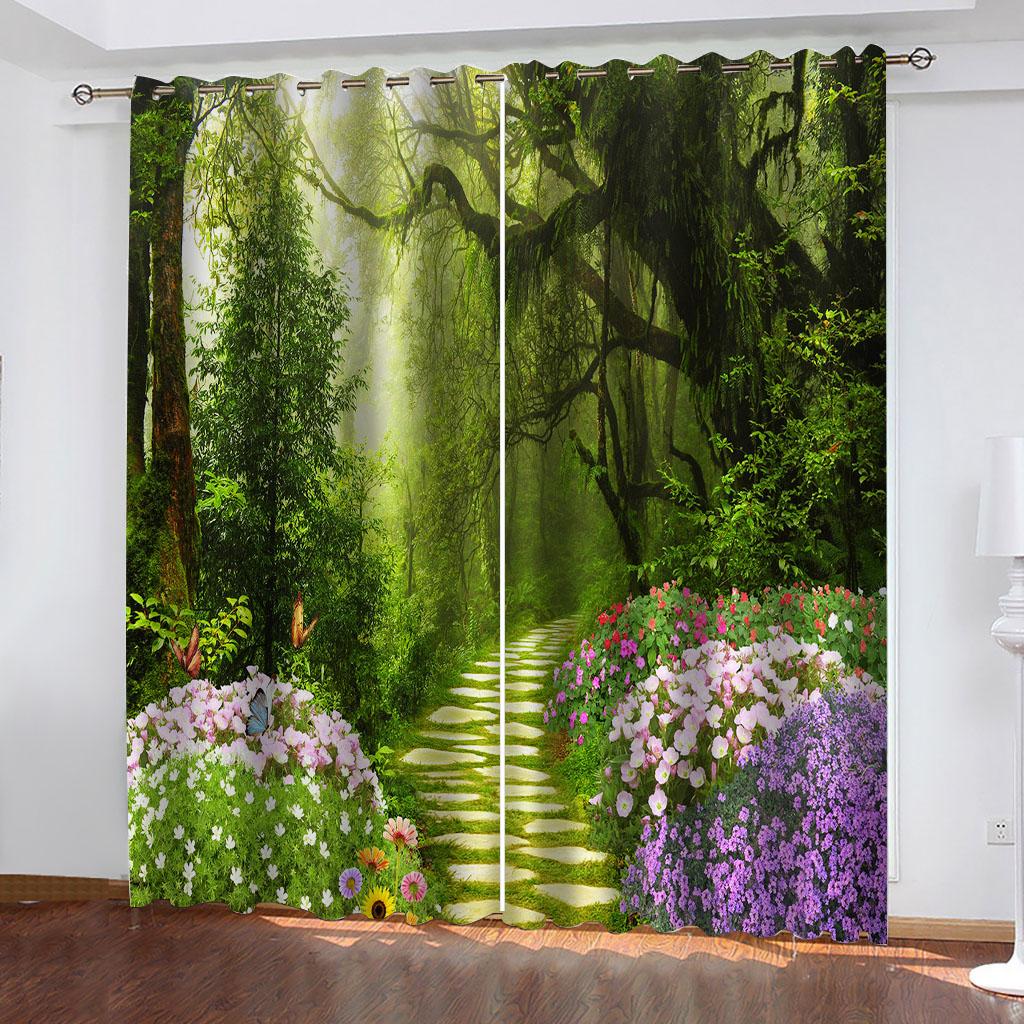 Deep Green Forest Children'S Style 3D Fashion 2 Pieces Boys Kid Window Blackout Curtain Living Room Bedroom Decor