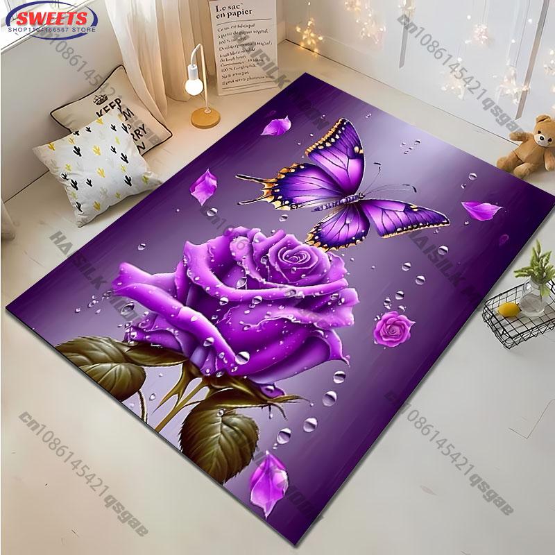1PC Purple Butterfly Flower Print Carpet Living Rooms Bedroom, Office Areas Rug, Durable Machine Washable Mat with Fast Shipping
