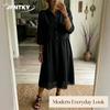 JPNTKY Fashion Summer Spring Solid Color Print Long Sleeve POLO Neck Casual Dresses