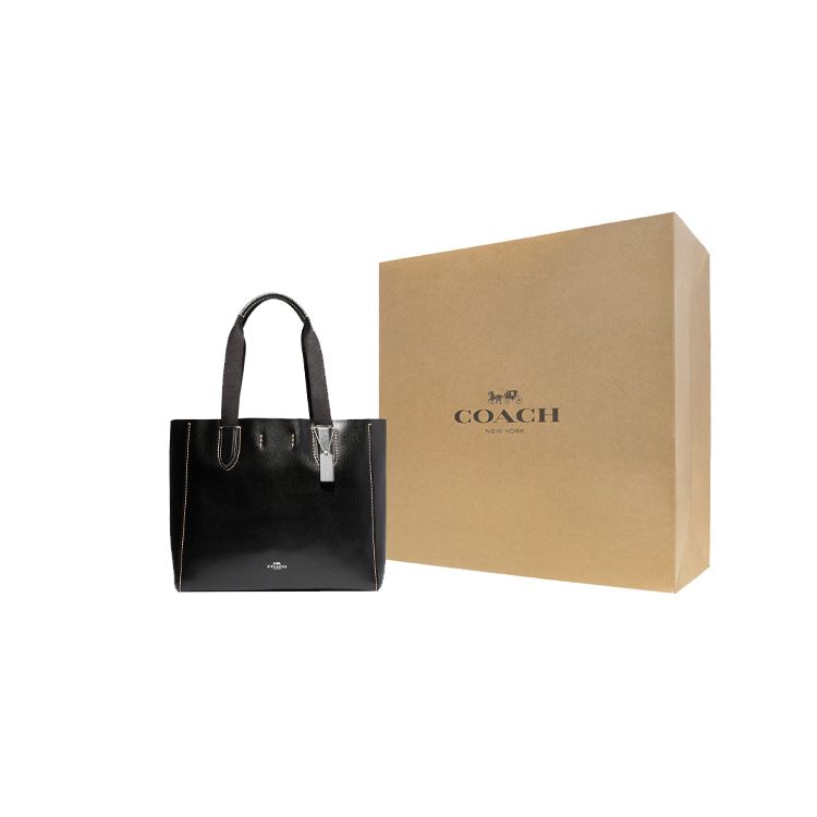 Coach Derby 32 Snap Closure Pebbled Leather Tote Bag Women Tote Black 58660-SVBK
