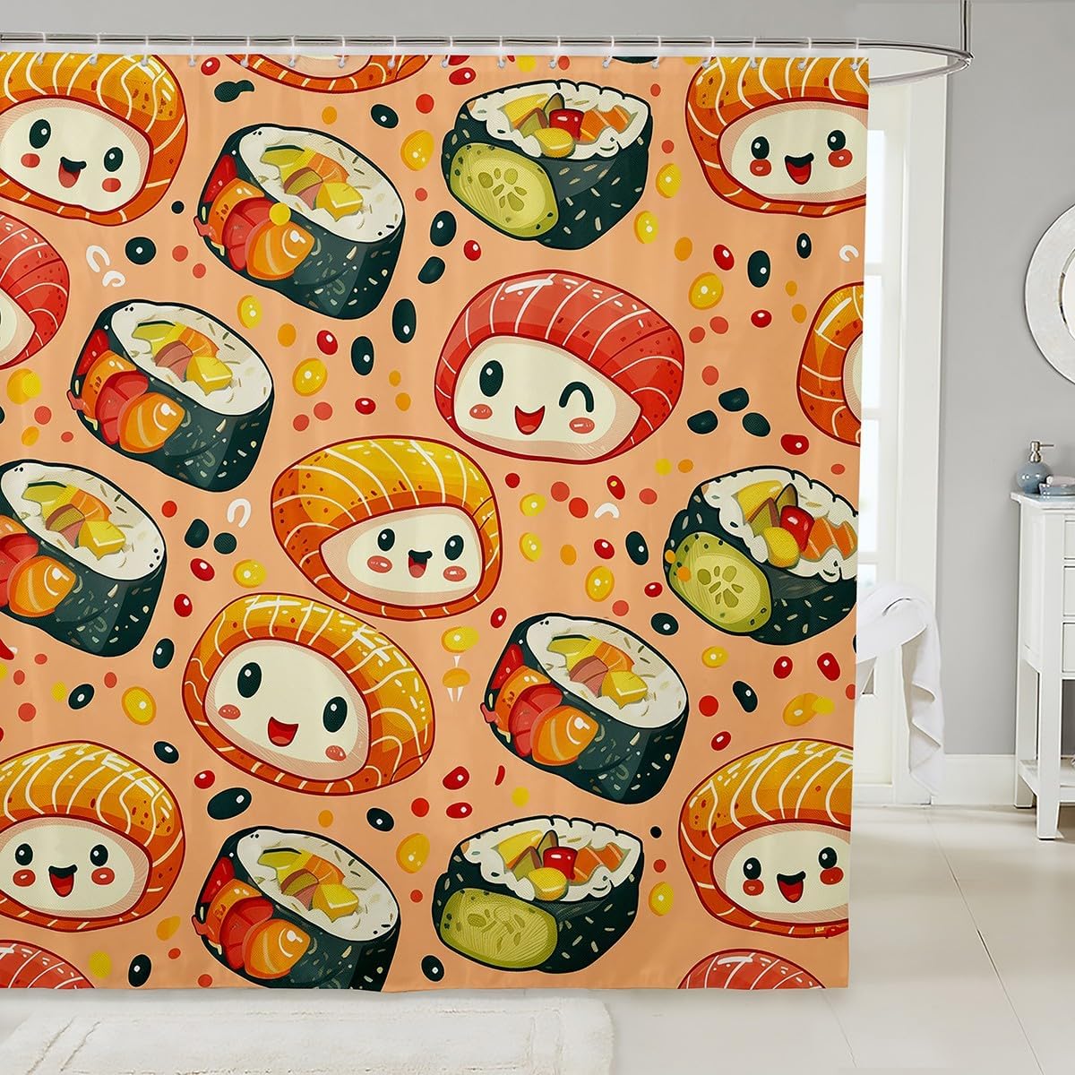 

Kawaii Sushi Shower Curtain Cute Mushroom Printed Waterproof Bathroom Curtain, Cartoon Japanese Style Kids Boys Bath Curtain W60H190(CM)-1 Pcs