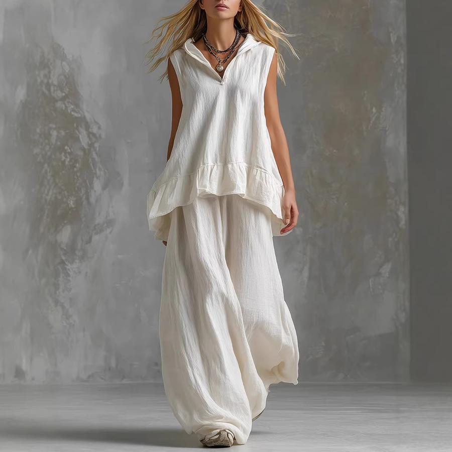 Sommer Neues Elegantes Mode Baumwoll Leinen Lässiges Ärmelloses Oberteil Weite Hosen Set