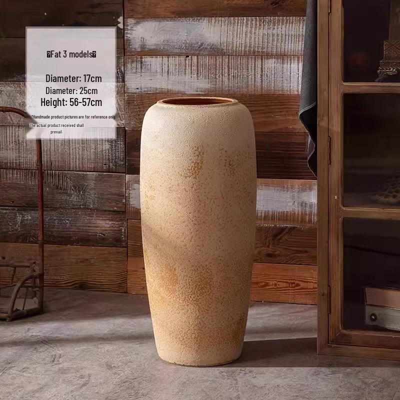 Handmade Retro Nostalgic Large Ceramic Floor Vase – Coarse Pottery Feng Shui Decor for Living Room or Hotel.