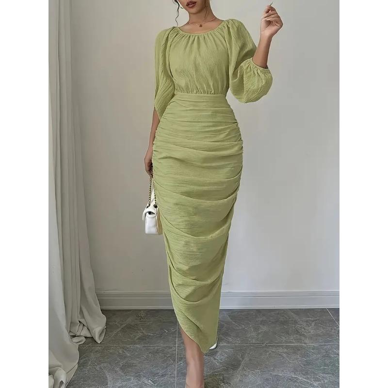 

Летнее женское платье French Temperament Slimming Dress плиссированное платье M зелёный/жёлтый