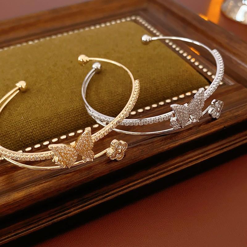 Elegant Double-Layer Open Cuff Bracelet With Zircon Butterfly Floral Design Women Gold Tone Copper Alloy Jewelry