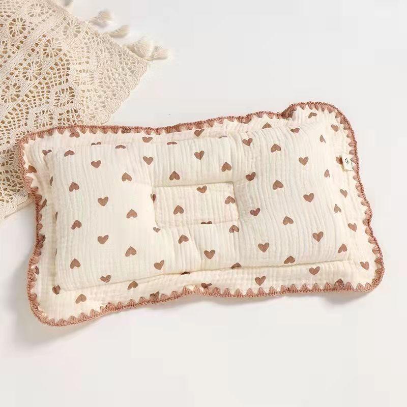 Baby Pillow Pure Cotton Gauze Baby Styling Pillow Lace Cotton Newborn Head Anti-Bias Head Correction Low Pillow 0-6