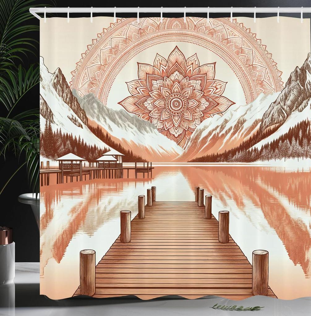 Japanese Wave Shower Curtain, Surfers On Classic Asian Artwork Style With Recreation, Cloth Fabric Bathroom Decor Set With Hooks
