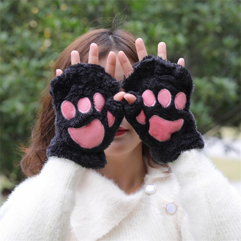 

Korean Style Cute Cat Paw Women s Winter Fleece-Lined Half-Finger Gloves One Size