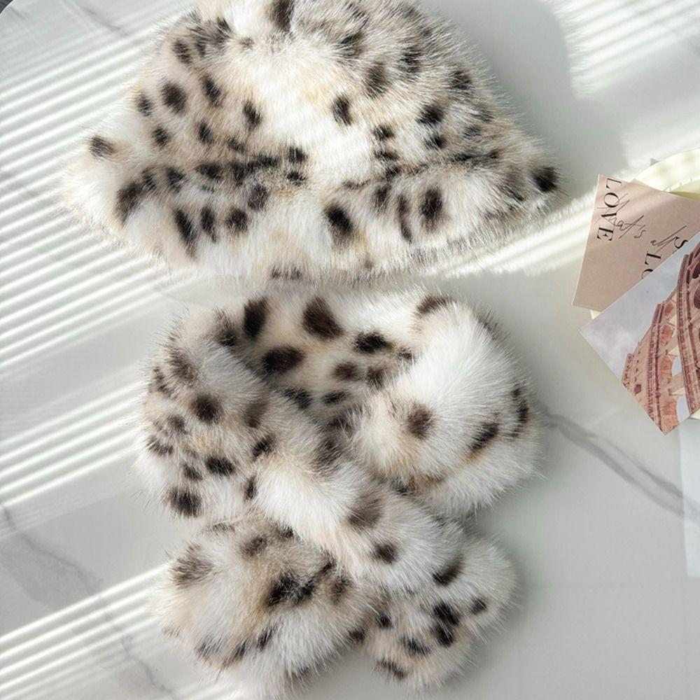 Leopard Print Plush Cap Scarf Set Fluffy Thicken Warm Fisherman Hat Outdoor Wear