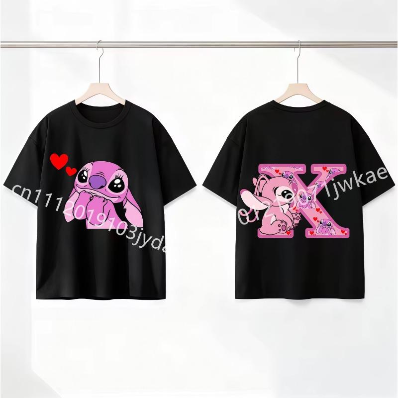 Stitch Angel Letter A-Z Cartoon Black Kids Pink T Shirt Summer Cute Boys and Girls Short-Sleeve Top Casual Breathable Clothing