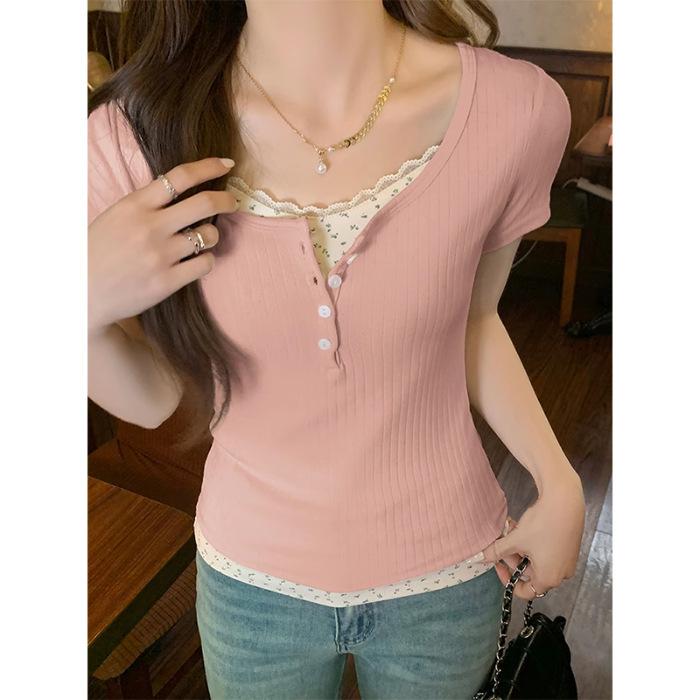 Fake Two-piece Front Shoulder Short-sleeved T-shirt Women's Summer New Slim-fitting and Thin Sweet Spice Girl Short T-shirt Top Ins