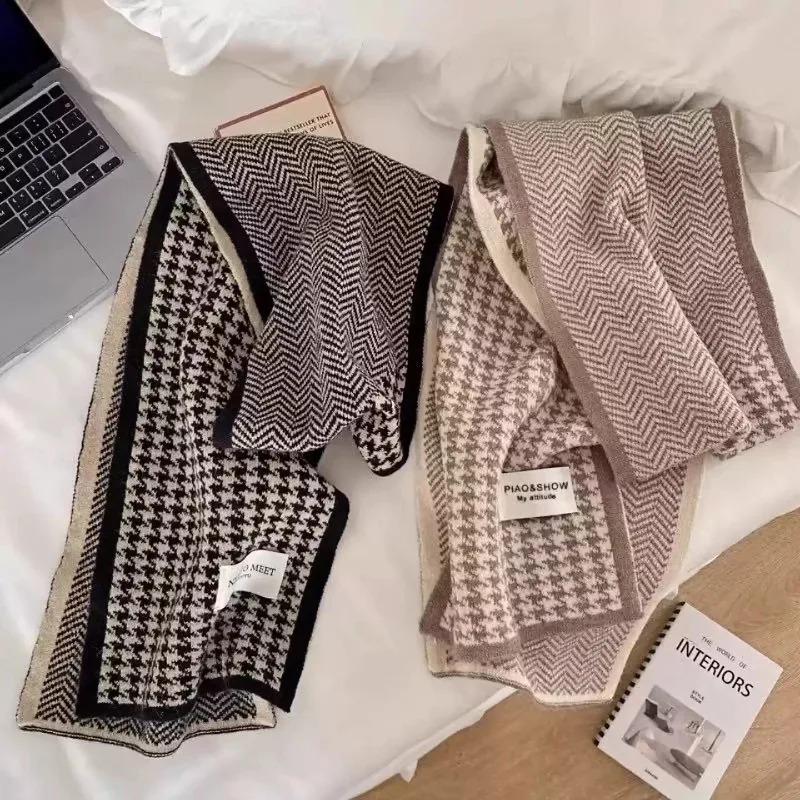 Women’s Fashionable Houndstooth Winter Scarf Thick Knit Soft Windproof Warm Black White Beige Brown Casual Comfortable Fit