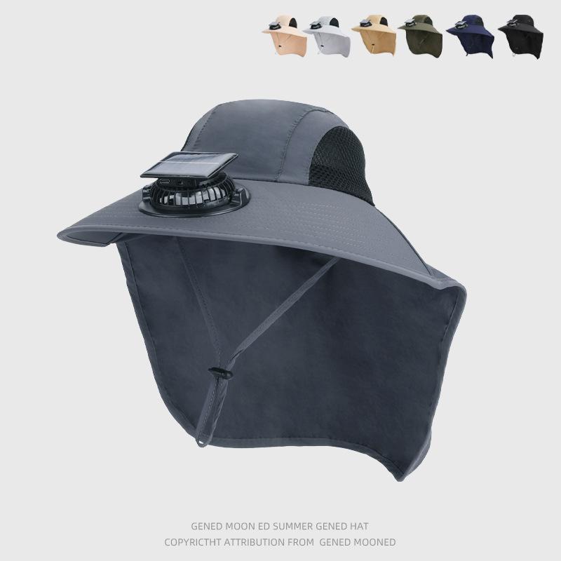 New Solar Fan Hat with Face Guard Neck Flap UV Protective Hat USB Rechargeable Men Summer Outdoor Fishing Wide Brim Bucket Cap