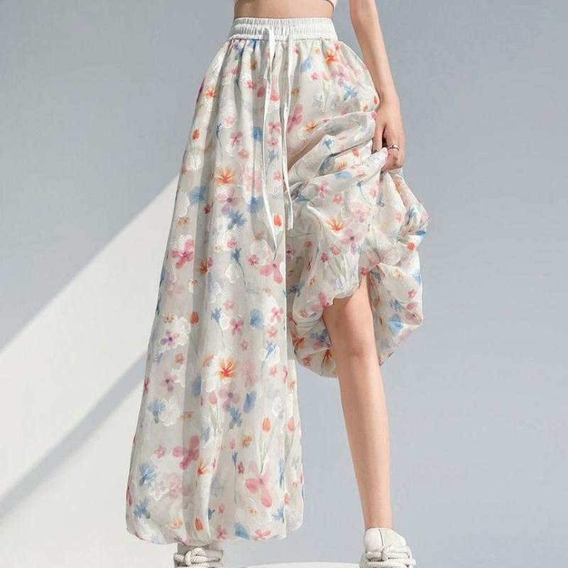 Colorful Floral Puff Wide-Leg Pants for Women | Summer Thin High-Waist Straight Lantern Pant Skirt Petite-Friendly Flowy Chiffon Pants