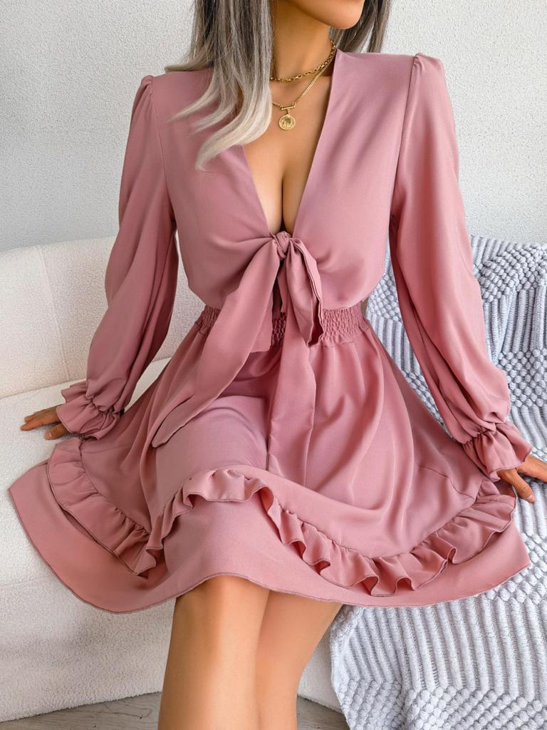 V Neck Solid Color Dress Waist Hugging  Elegant Fungus Dress for Women Long Sleeve Loose Dresses Causal Dress