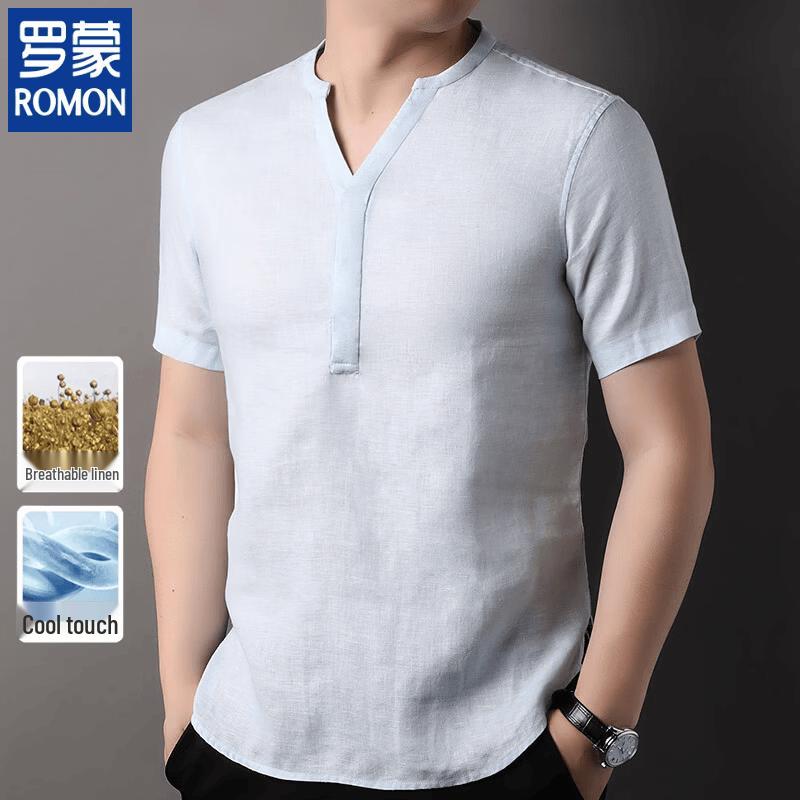 Romon Men s Linen Blend V-Neck Short Sleeve T-Shirt M
