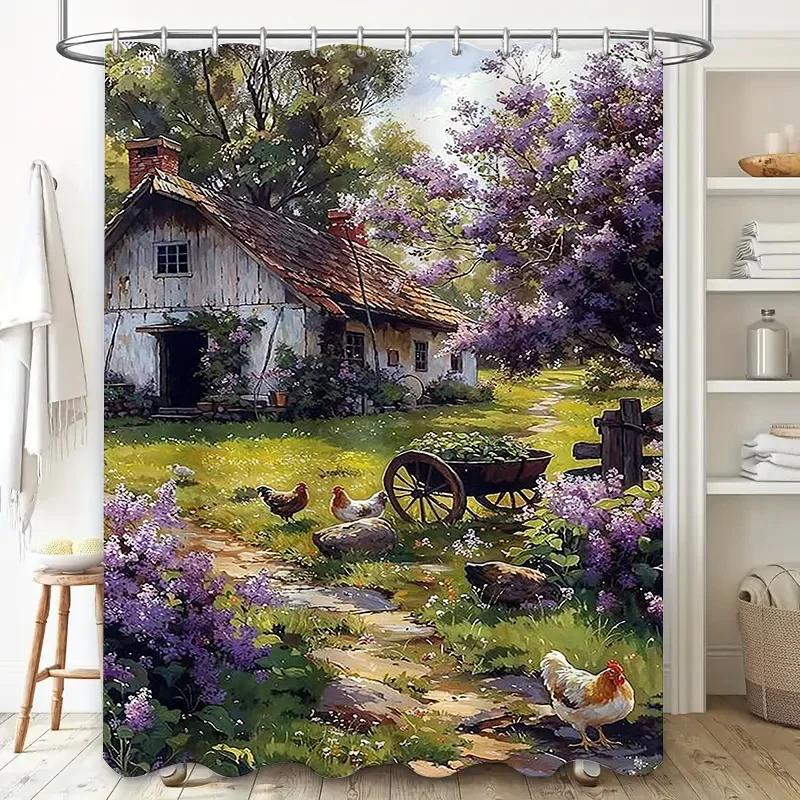 Cottage Rustico con Galline e Fiori Tenda da Doccia Impermeabile Resistente al Calore Lavabile in Lavatrice Non Trasparente 180x180cm