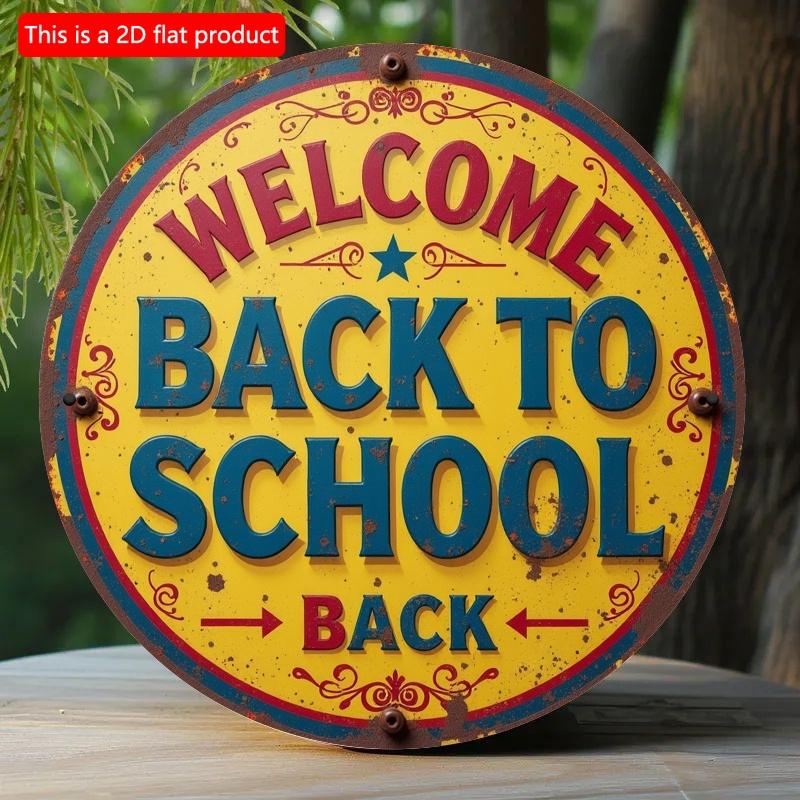 2d Flat 20*20cm Retro Style, Welcome Back To School, Wooden Logo Round, Rural Wooden Wall Decoration with Colorful Borders and Leaf Decorations