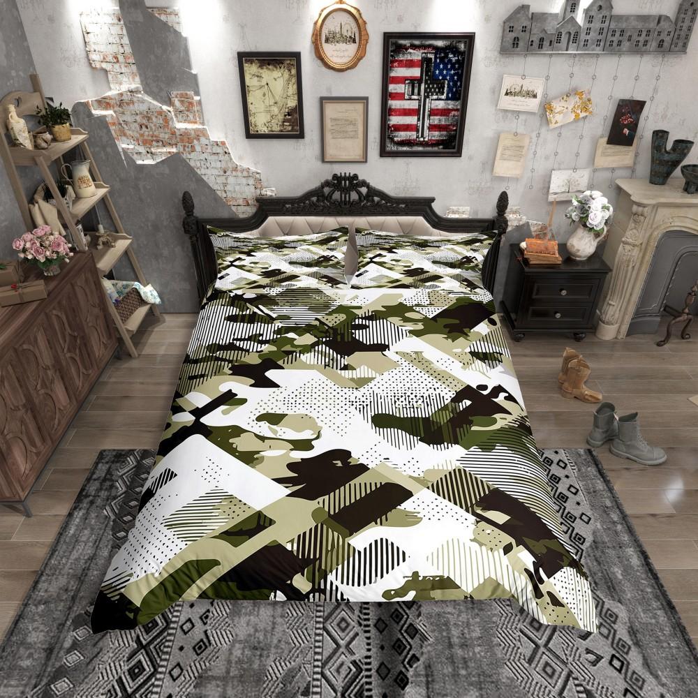 Homewish Rustic Hunting Fishing Duvet Cover Set for Men,Retro US Flag Bedding Set,Wildlife Bear Deer Bed Set