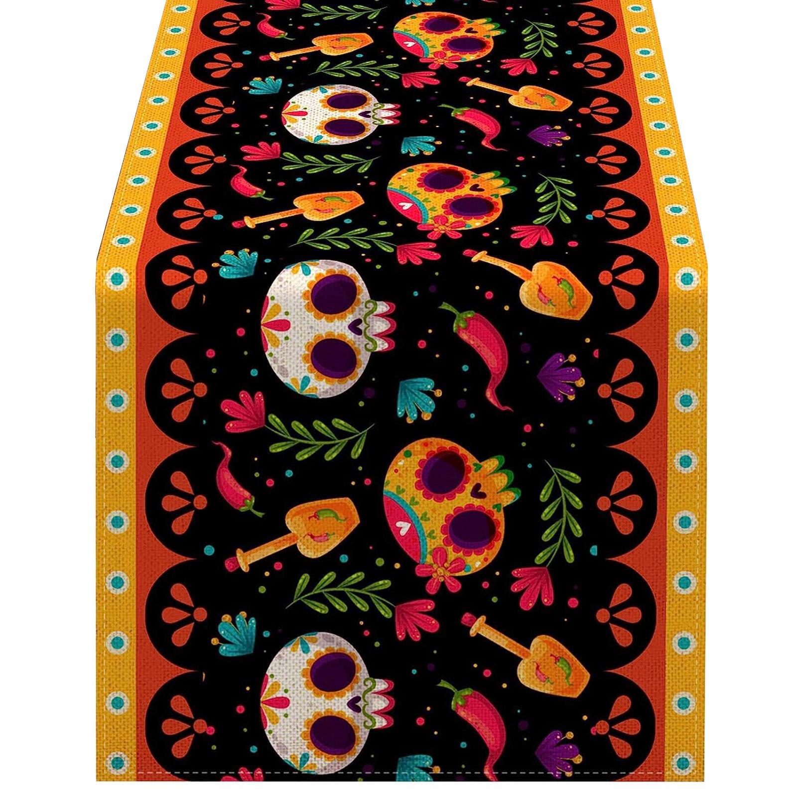 

Linen Table Runner Day of The Dead Skull Flower Tablecloth Dining Table Decoration Scary Table Cover Decor 4
