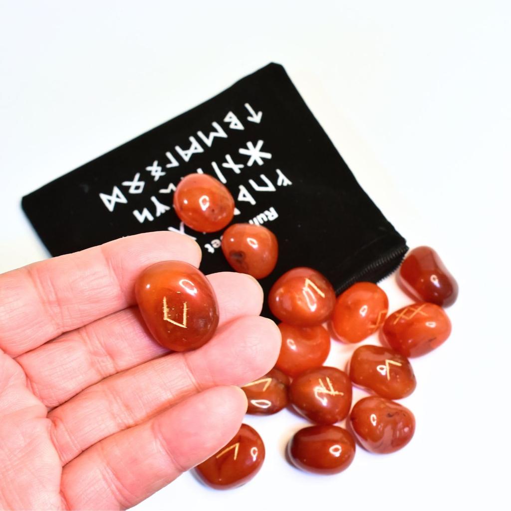 [Sedona Magic] Carnelian Rune Stone Set of 25, Includes Pouch, Rune Stones, and a Rune Divination Set with Pouch and Instructions in Japanese