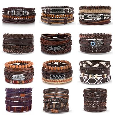 Ensemble de Bracelets Multicouches en Cuir Batman Vintage Corde et Perles pour Hommes