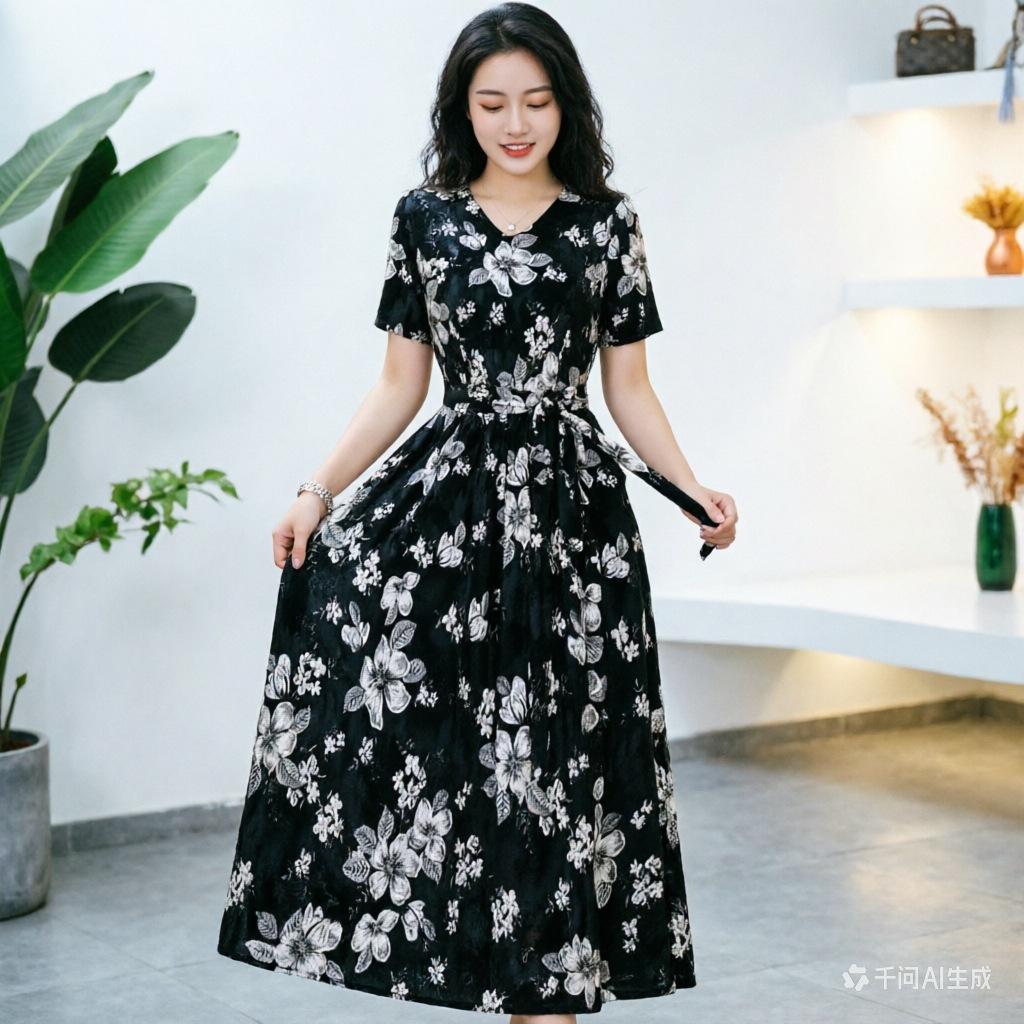 Summer New Short Sleeve Floral Dress Fashion Waist Skinny Skirt Temperament Mom Knee Long Dress