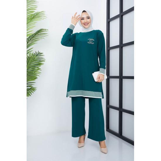 Islamska szafa damska prążkowana tunika spodnie garnitur hidżab