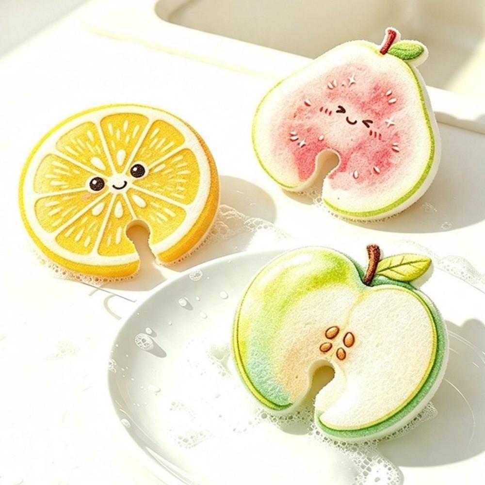 3Pcs Dual-Sided Fruit Shaped Cleaning Sponge Quick Dry Cute Fruit Dish Scrubber Household