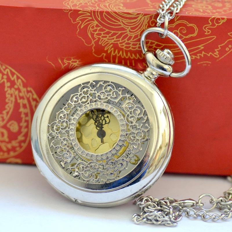 Vintage-Style Large Quartz Pocket Watch Necklace with Intricate Floral Design, Gold Face, Quartz Movement, 2028 Model