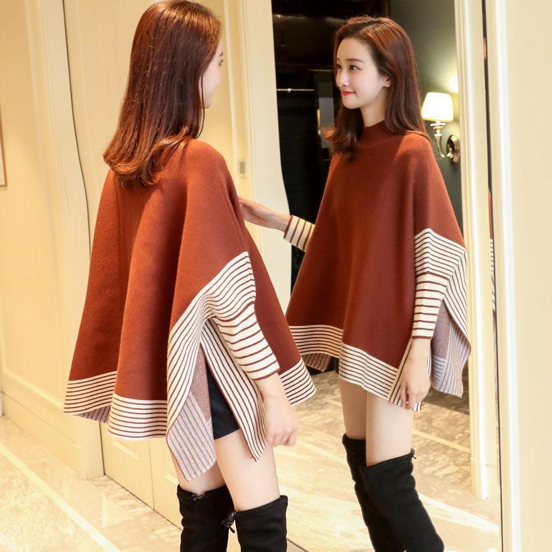 

Осенний новый вязаный свитер, плащ, женский свитер, универсальная куртка с шалью, женская корейская свободная куртка One Size красно-коричневый