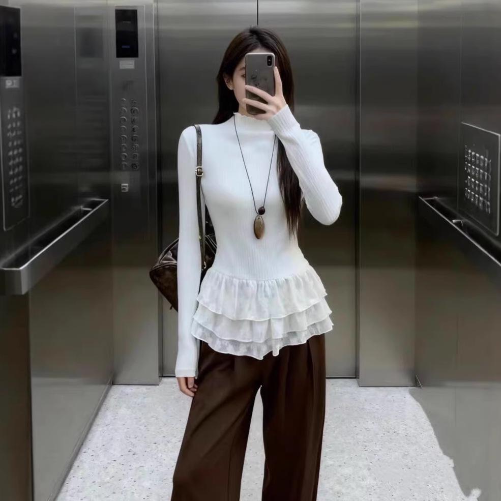 

Women s Warm Half-High Collar Long-Sleeve T-Shirt with Lace Trim Large білий