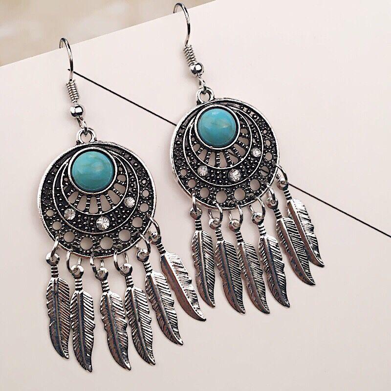 Bohemian Owl Bronze Filigree Earrings with Turquoise Tassels