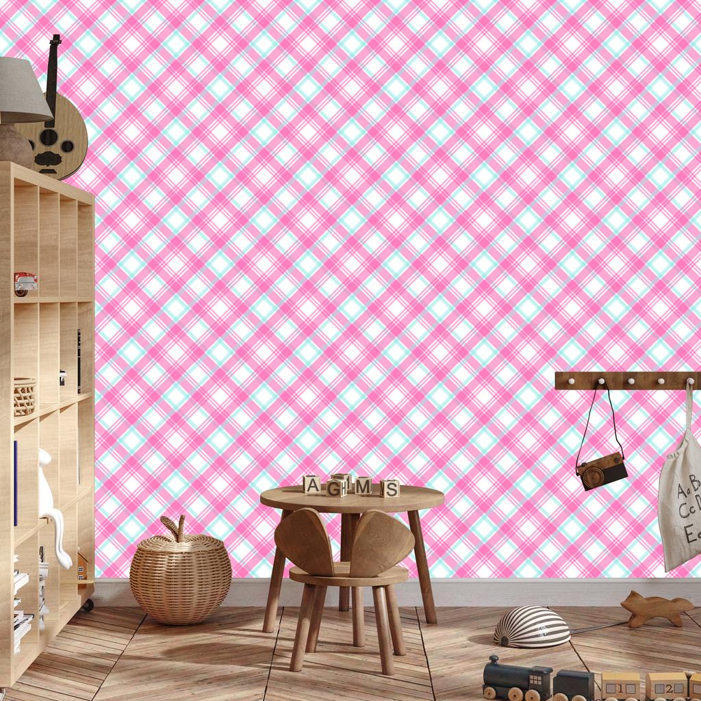 Pink and blue checkered wallpaper powder pink and white 50x1000