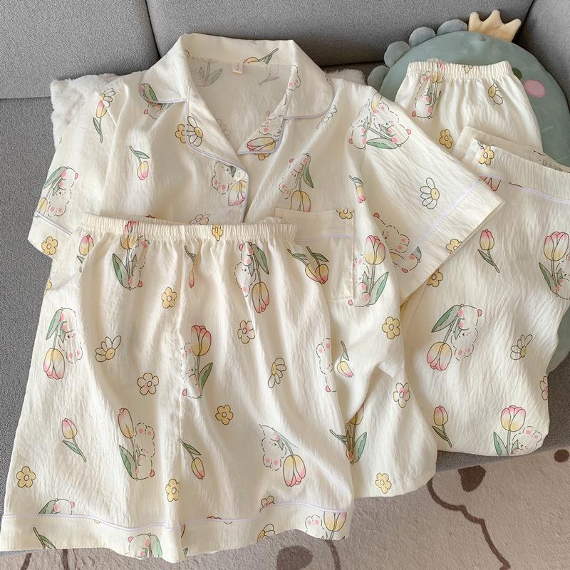 Blue Bear Women's Summer Cotton Pajama Set - Short-Sleeved, Cute Cartoon Design, Three-Piece Loungewear.