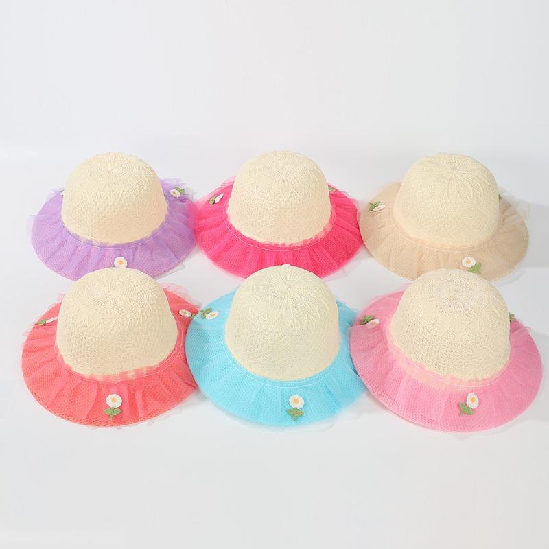 Fashion children's breathable small straw hat baby colorful cute flower yarn edge hat sunscreen summer cool hat