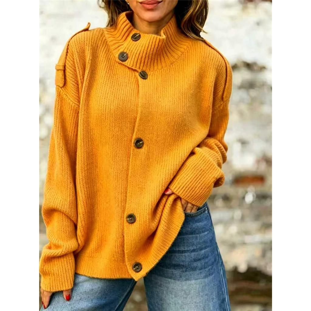 Women Turtleneck Button Cardigan Sweater Shoulder Epaulet Detail Loose Knit Coat Casual Outerwear