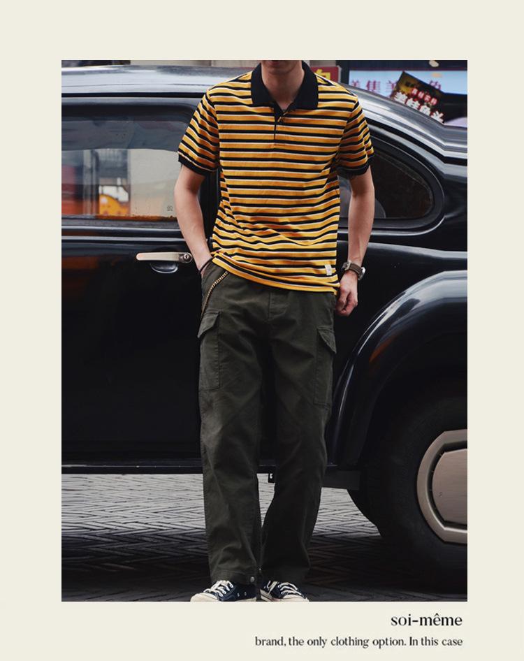 Vintage Sailor Striped Cotton Polo Shirt for Men - Summer Short Sleeve Turn-Down Collar