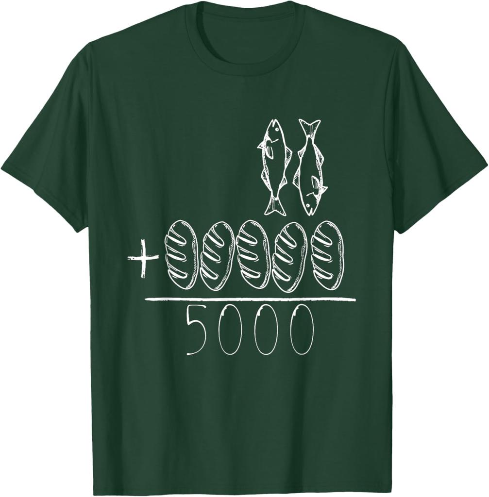 Die Speisung der 5000 Wunder Fisch Brot Jesus Christliche Bibelvers Grafik T-Shirt Herren Freizeit Kurzarm