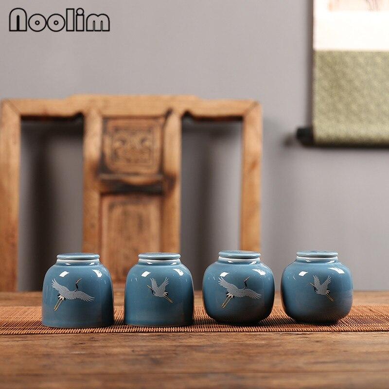 Portable Hand Painted Crane Tea Caddy Ceramic Canister Sealed Spice Jar Storage Tank Packing Box