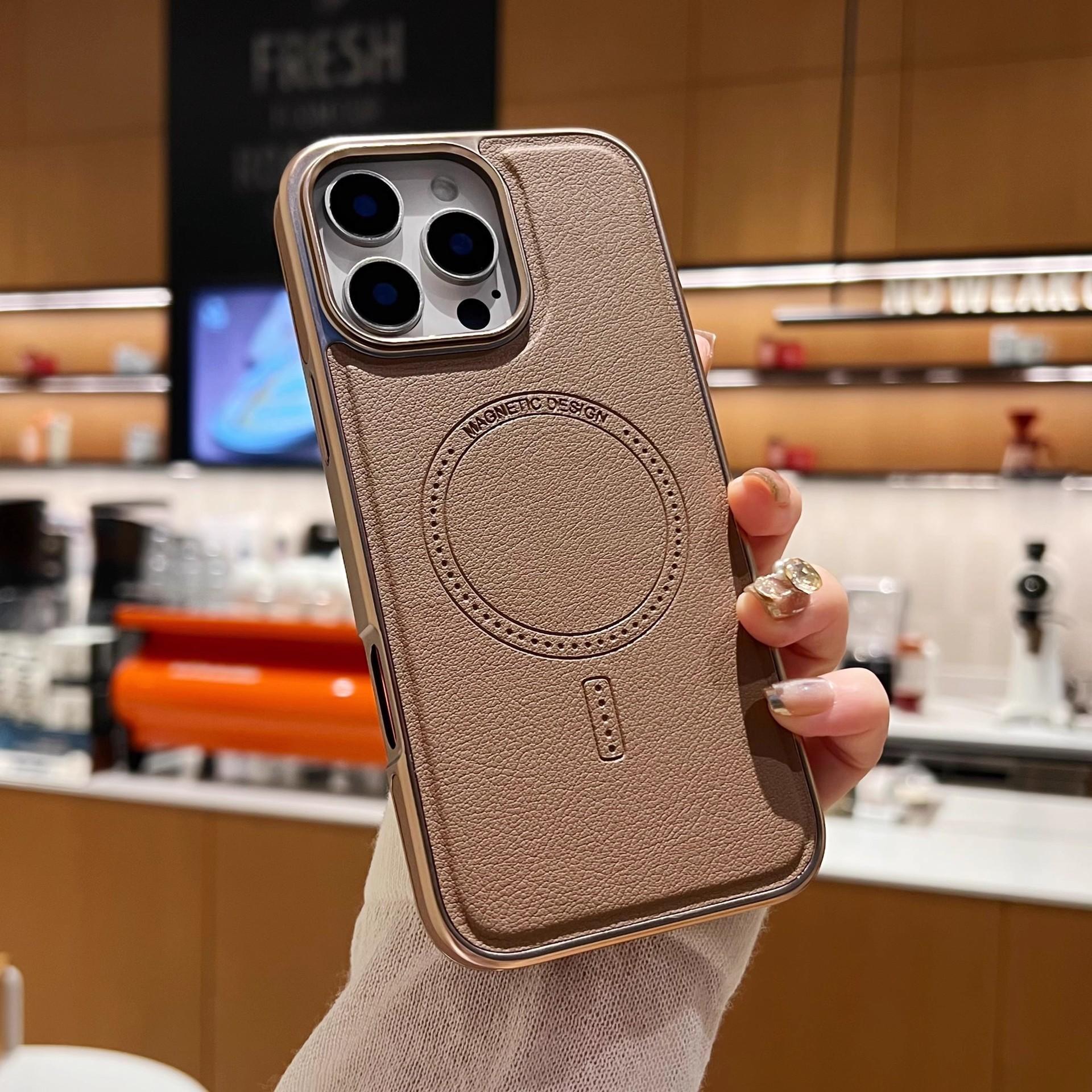 Compatible with iPhone 16 electroplated leather texture magnetic phone case, iPhone 17 full-coverage leather with leather veneer, shockproof 15 iPhone17PRO MAX
