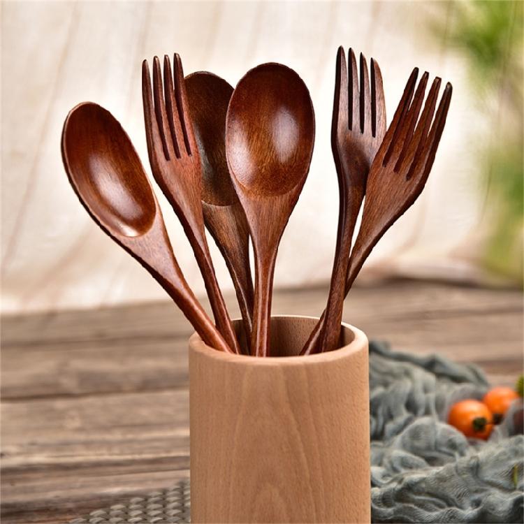 Simple Wooden Spoon Fork Set Long Handle Design For Deep Container Natural Finish Kitchenwares Durable Cooking Utensils